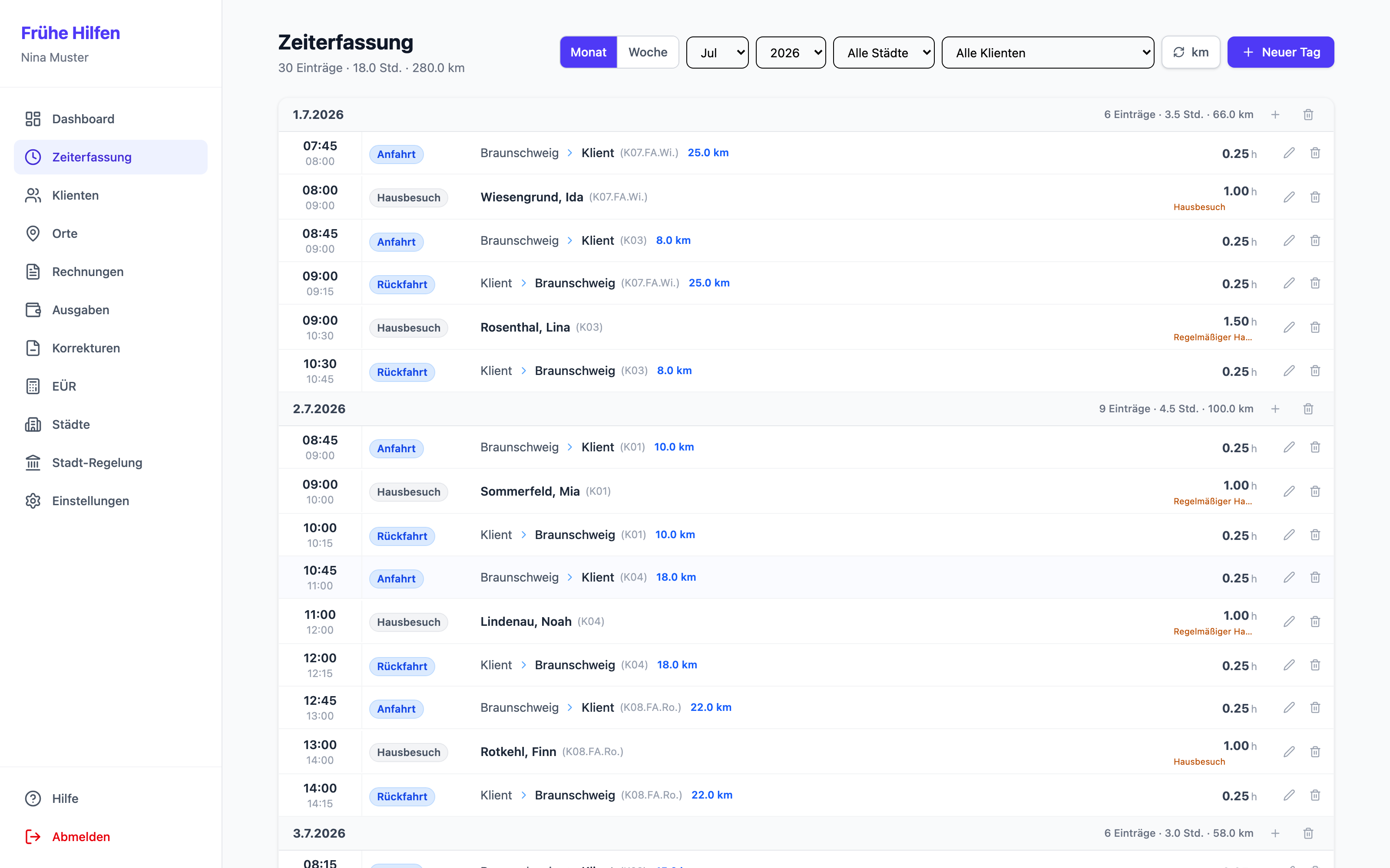 Ein Arbeitstag mit Terminen und Fahrtkilometern eintragen (Demo-Daten)